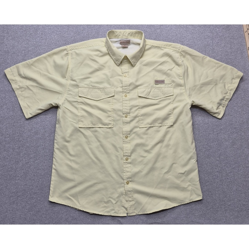 Realtree Fishing Shirt Mens XL Yellow Vented Caped Back Short Sleeve Button Up